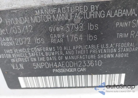 2013 Hyundai Elantra Gls z USA, uszkodzony, nr VIN 5NPDH4AE0DH233610